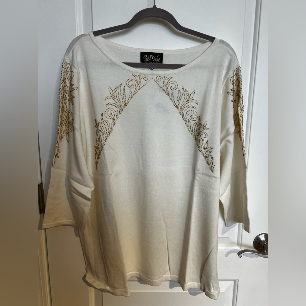 Bob Mackie Ivory and Gold Embellished Sweater Top NWT Women's Plus Size 2X